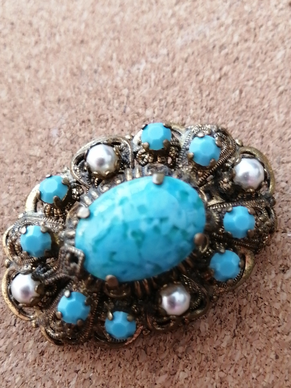 Old 50s Brooch With Turquoise Art Glass Cabochon,Faux Pearl,Blue Stones